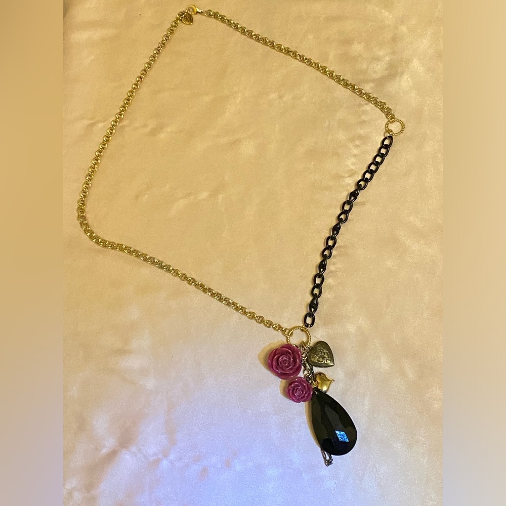 Betsey Johnson long rosette dangle statement necklace with 5 pendants.